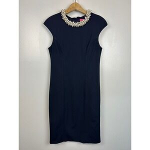 Betsey Johnson Navy Dress 6 Pearl Rhinestone Collar Sheath Y2K Preppy Academia